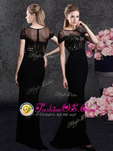 New Arrival Scoop Black Zipper Mother Of The Bride Dress Appliques and Sequins Short Sleeves With Train Sweep Train