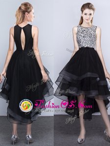 Flare Scoop Black Sleeveless High Low Beading Backless Evening Dress