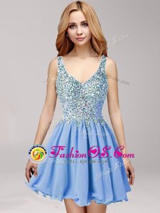 Fashion Straps Blue Sleeveless Chiffon Criss Cross Prom Dress for Prom and Party