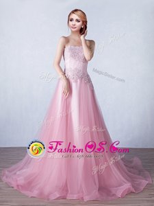 High End Pink Prom Dress Prom and For with Appliques Strapless Sleeveless Brush Train Lace Up