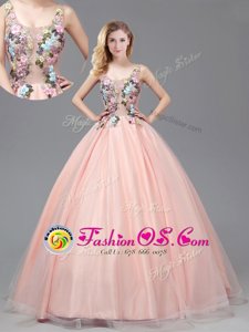 Trendy Straps See Through Baby Pink Sleeveless Floor Length Appliques Criss Cross 15th Birthday Dress