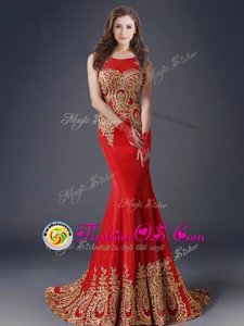 Mermaid Scoop Red Side Zipper Prom Gown Appliques Sleeveless With Brush Train
