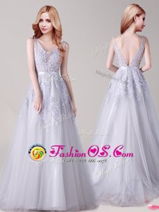 Silver A-line Appliques and Belt Prom Party Dress Backless Tulle Sleeveless Floor Length