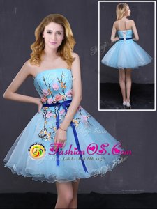 Suitable Baby Blue Organza Lace Up Prom Party Dress Sleeveless Mini Length Appliques and Belt