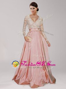 Fashionable Peach Empire Beading and Belt Prom Dress Zipper Taffeta Long Sleeves Asymmetrical