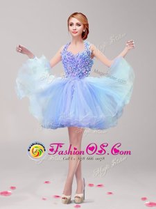 Halter Top Backless Mini Length Blue Homecoming Dress Tulle Sleeveless Ruffles and Hand Made Flower