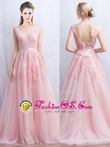Customized Appliques and Belt Dress for Prom Baby Pink Backless Sleeveless With Brush Train