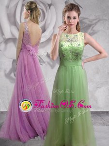 Lilac Empire Tulle Bateau Sleeveless Beading With Train Backless Dress for Prom Brush Train