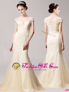 Custom Made Mermaid Scoop Champagne Zipper Evening Dresses Beading Cap Sleeves Floor Length