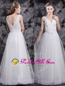 White Zipper Homecoming Gowns Beading and Appliques Sleeveless Floor Length
