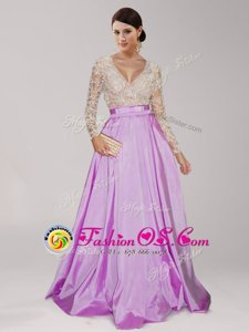 Long Sleeves Zipper Floor Length Beading and Belt Prom Party Dress