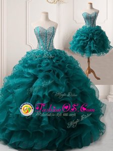 Unique Sleeveless Lace Up Floor Length Beading and Ruffles Evening Dress