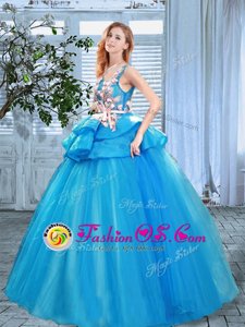 Sumptuous Scoop Blue Sleeveless Organza Lace Up 15th Birthday Dress for Prom