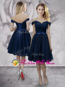 Top Selling Navy Blue Chiffon Lace Up Off The Shoulder Sleeveless Knee Length Dress for Prom Bowknot