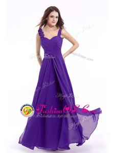 Sophisticated Straps Floor Length Purple Prom Gown Chiffon Sleeveless Hand Made Flower