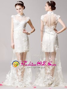 Graceful High-neck Cap Sleeves Brush Train Clasp Handle Prom Evening Gown White Tulle