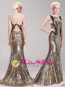 Mermaid Square Sleeveless Sequined Prom Dress Appliques and Sequins Brush Train Clasp Handle