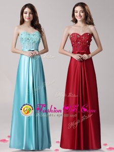 Flare Aqua Blue Empire Elastic Woven Satin Sweetheart Sleeveless Beading and Appliques and Bowknot Floor Length Zipper Prom Party Dress