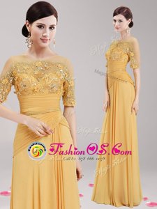 Excellent Scoop Gold Half Sleeves Appliques and Belt Floor Length Dress for Prom