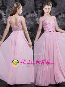 Baby Pink Side Zipper Mother Of The Bride Dress Appliques and Bowknot Sleeveless Floor Length