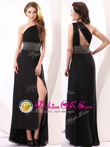 Black Chiffon Backless One Shoulder Sleeveless Floor Length Prom Dress Beading