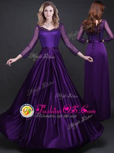 Long Sleeves Elastic Woven Satin Floor Length Lace Up Womens Evening Dresses in Purple for with Appliques and Belt