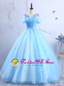 Flirting Scoop Short Sleeves Floor Length Lace Up Evening Dress Baby Blue and In for Prom with Appliques and Ruching