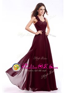 Fitting Straps Burgundy Zipper Dress for Prom Hand Made Flower Sleeveless Floor Length