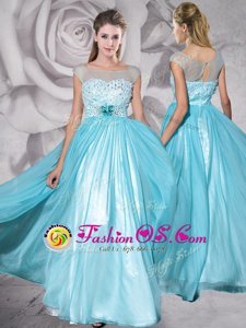 Bateau Cap Sleeves Zipper Hoco Dress Aqua Blue Chiffon