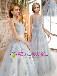 Scoop Grey A-line Appliques Prom Evening Gown Lace Up Tulle Sleeveless Floor Length