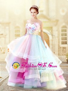 Multi-color Sleeveless Floor Length Ruffled Layers and Hand Made Flower Zipper Prom Evening Gown