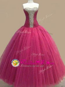 New Style Fuchsia Ball Gowns Tulle Sweetheart Sleeveless Beading Floor Length Lace Up