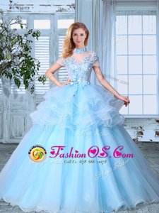 Captivating SeeThrough Floor Length Light Blue Ball Gown Prom Dress Organza Short Sleeves Appliques and Ruffled Layers