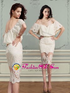 Best Selling Chiffon and Lace Off The Shoulder Short Sleeves Backless Lace in Champagne