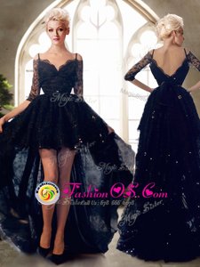 Lace High Low Navy Blue Homecoming Dress Spaghetti Straps Half Sleeves Backless