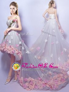 Best Selling Grey A-line Appliques Dress for Prom Lace Up Tulle Sleeveless High Low