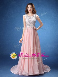 Fancy Scoop Lace and Appliques and Belt Dress Like A Star Baby Pink Zipper Sleeveless With Brush Train