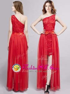 Clearance One Shoulder Red Sleeveless Lace and Bowknot Floor Length Homecoming Dress