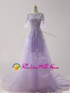 Shining Scoop Half Sleeves Tulle With Brush Train Zipper Celebrity Prom Dress in Lavender for with Appliques