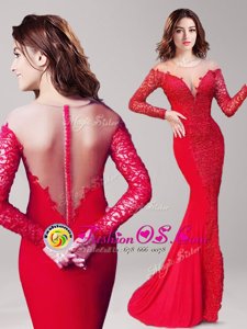 Hot Selling Mermaid Elastic Woven Satin Scoop Long Sleeves Brush Train Clasp Handle Lace Evening Dresses in Red