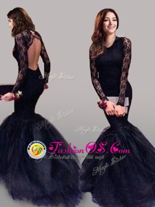 Navy Blue Mermaid Tulle Scoop Long Sleeves Lace With Train Backless Brush Train