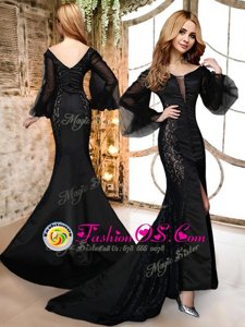 Glamorous Black Mermaid Satin and Lace V-neck Long Sleeves Lace With Train Zipper Formal Evening Gowns Brush Train