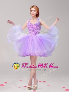 Elegant Halter Top Lavender Tulle Backless Dress for Prom Sleeveless Mini Length Ruffles and Hand Made Flower