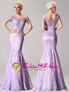 Off the Shoulder Lace Floor Length Mermaid Short Sleeves Lavender Homecoming Dress Zipper