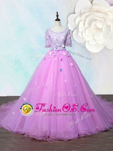 Exceptional Scoop Lilac Organza Lace Up Prom Evening Gown Half Sleeves With Train Court Train Beading and Appliques