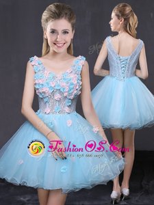 Baby Blue Lace Up V-neck Hand Made Flower Prom Dresses Organza Sleeveless