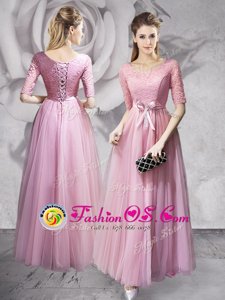Scoop Pink Half Sleeves Floor Length Lace and Ruching and Bowknot Lace Up Prom Dresses