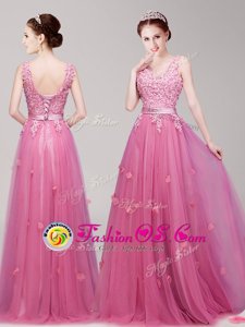 Admirable Floor Length Pink Prom Party Dress Tulle Sleeveless Appliques and Belt