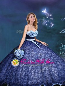 Royal Blue Lace Lace Up Sweet 16 Quinceanera Dress Sleeveless Appliques and Bowknot