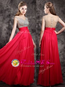 Coral Red Prom and For with Beading V-neck Cap Sleeves Zipper